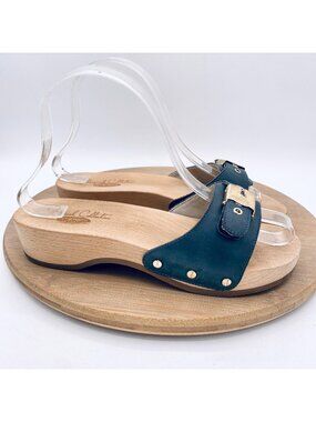 Dr. Scholl's Wooden Sandals 7 37 Green Leather Studded Clogs Mules